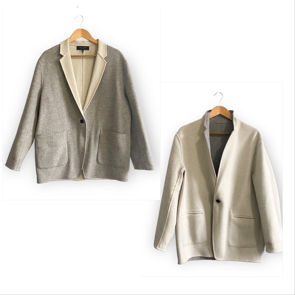 Rag and Bone Mica Wool Felt Reversible Blazer, Gray/Ivory, Size 12